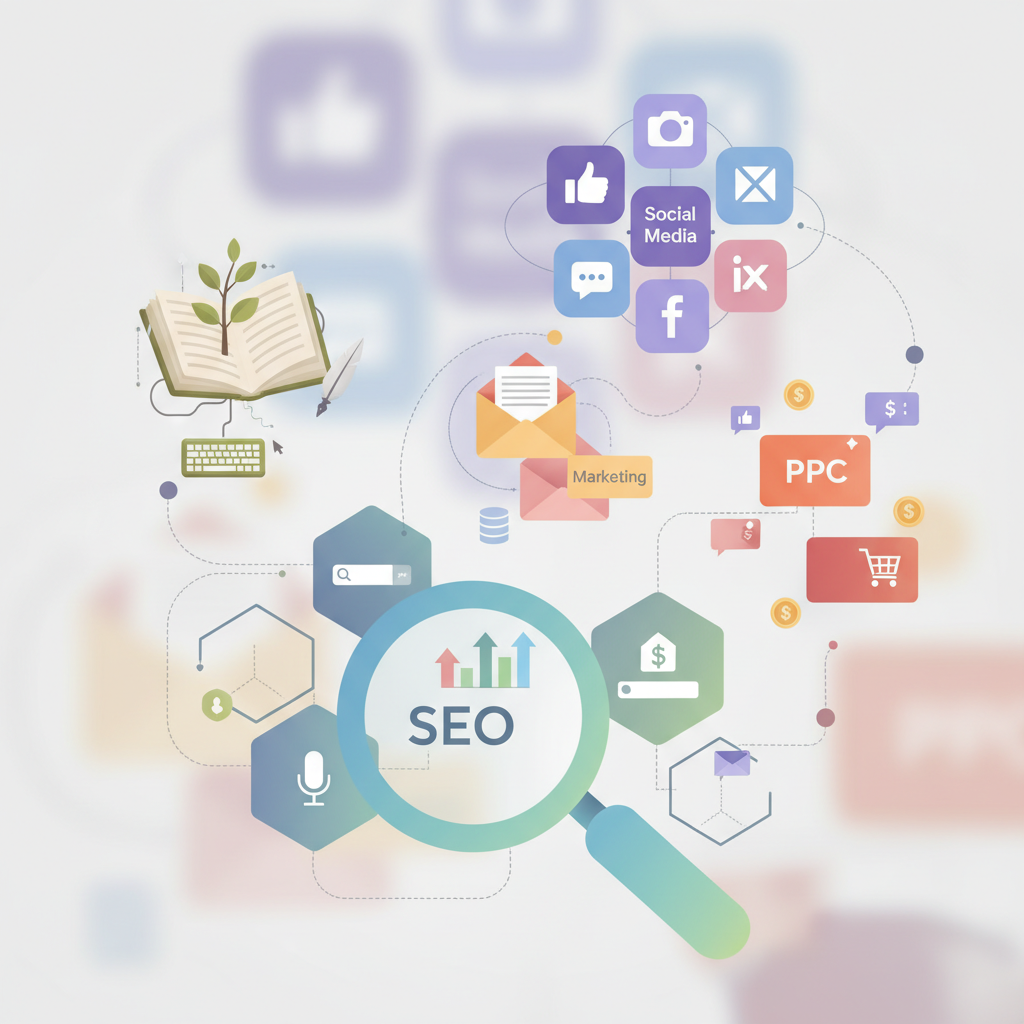 Abstract image of digital marketing tools including SEO, PPC, and social media icons Abstract image of digital marketing tools including SEO, PPC, and social media icons