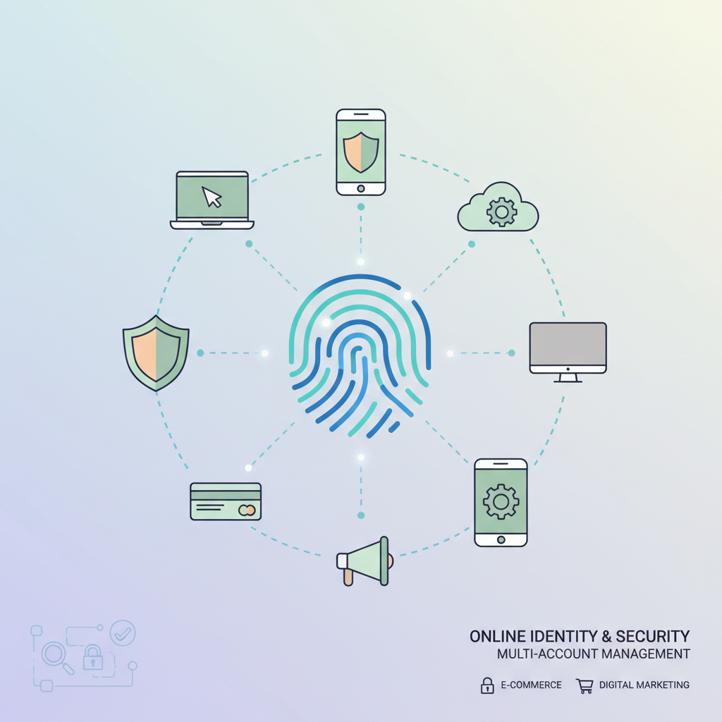Digital fingerprint and device icons, symbolizing multi-account management Digital fingerprint and device icons, symbolizing multi-account management